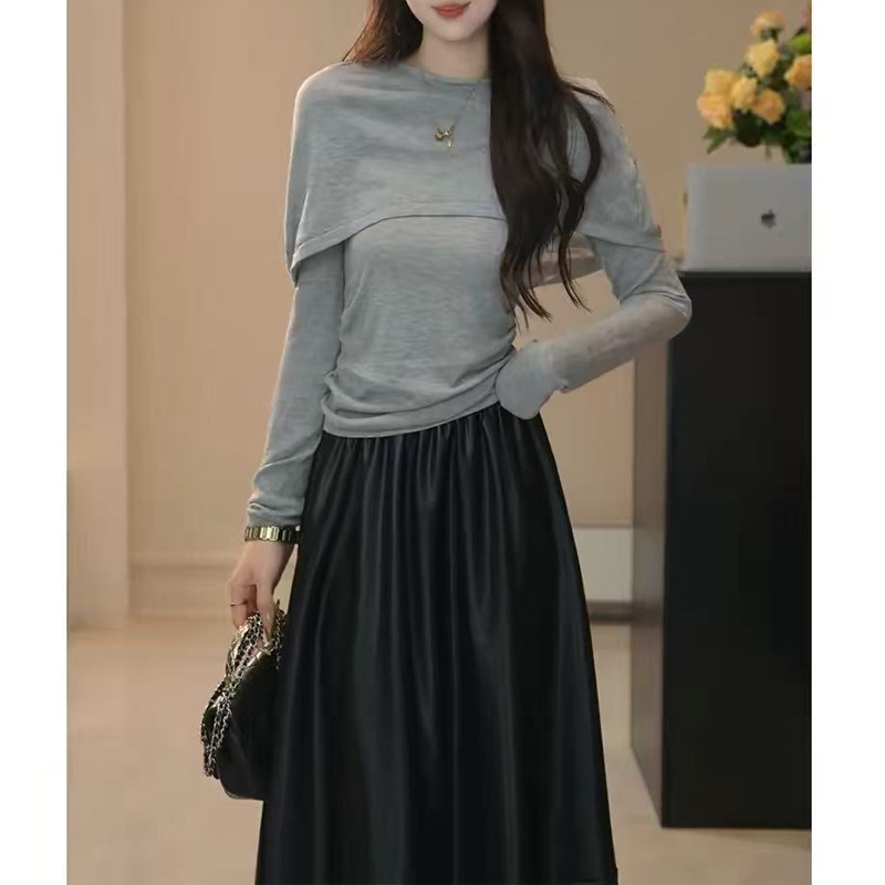 温柔韩系假两件披肩针织衫上衣26春秋显瘦修身打底衫女设计感长袖