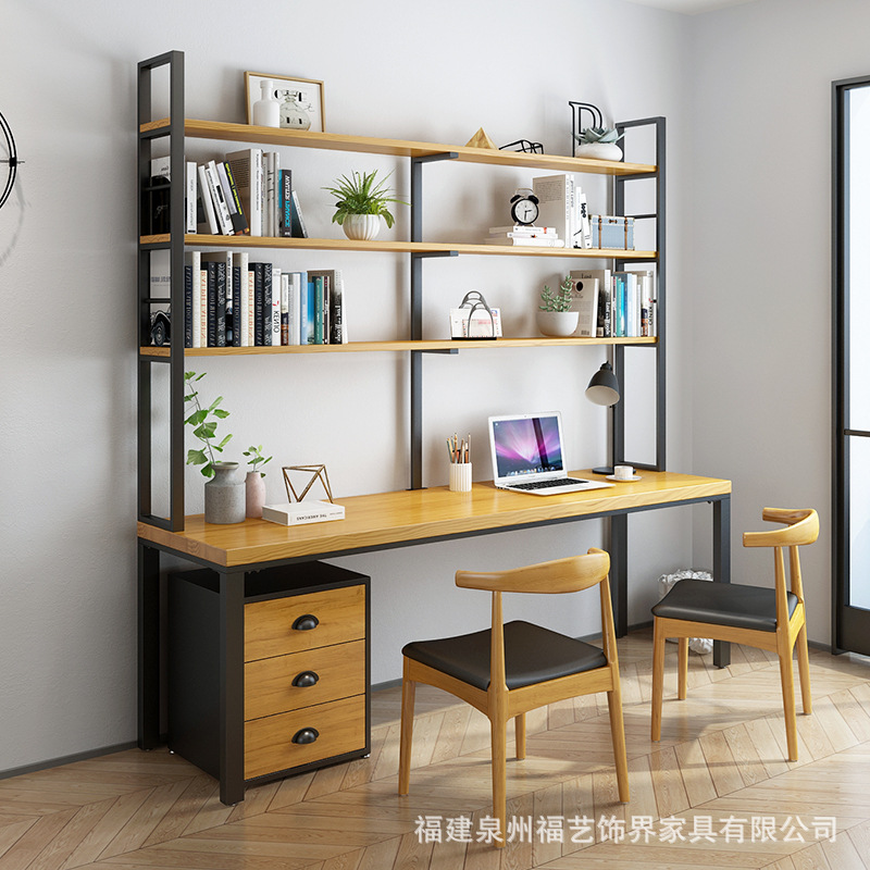实木墙上隔板书架书桌一体组合家用学生原木长条书桌电脑办公桌椅