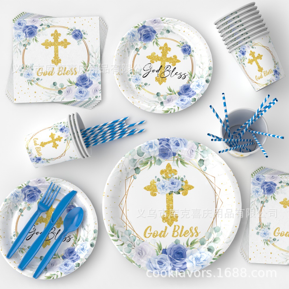 Bautismo azul bandeja de papel cubiertos Dios bendiga bebés eucaristía bandeja de papel desechable taza de papel set decoración de fiesta