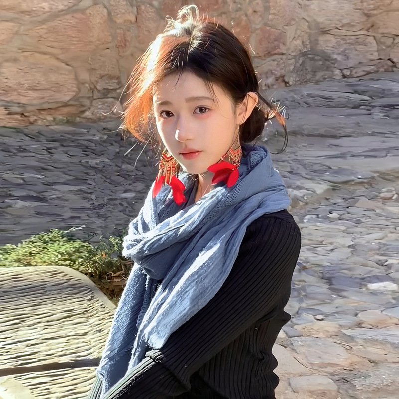 蓝色复古文艺棉麻围巾女秋旅游古着褶皱民族风丝巾系脖长条高级感|undefined
