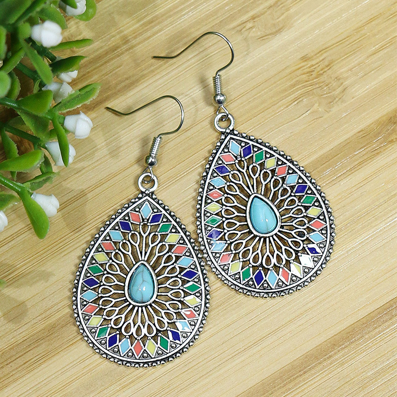 1 Pair Hip-Hop Retro Water Droplets Inlay Zinc Alloy Turquoise Drop Earrings display picture 9