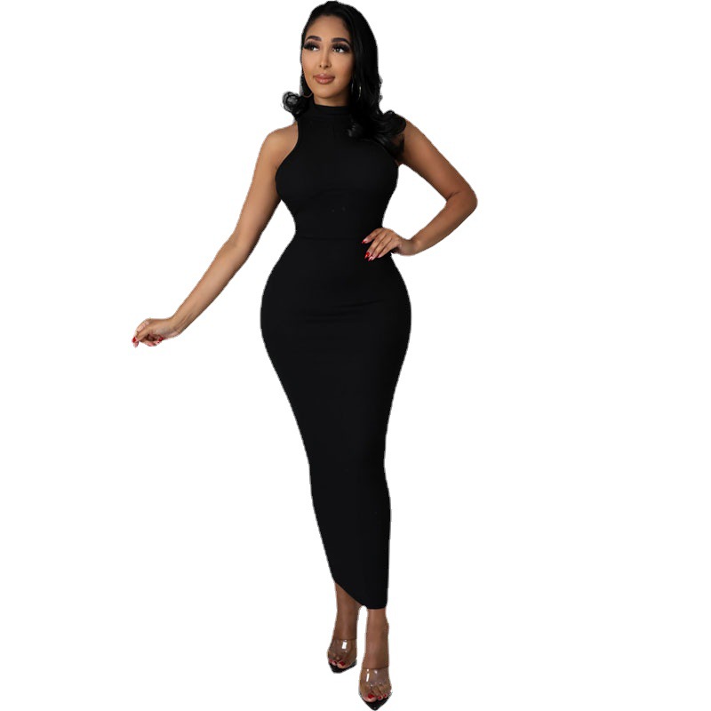 Falda de un solo paso de verano europeo y americano cuello redondo falda de hilo negro elegante viajero color sólido delgado vestido de vaina elástica