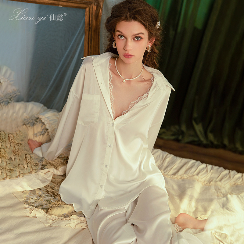 Xianyi Sexy Pajamas for Women, Boyfriend Style Shirt, High-End Lace Long-Sleeved Pants, Home Wear Set 660 Xianyi Sexy Pajamas for Women, Boyfriend Style Shirt, High-End Lace Long-Sleeved Pants, Home Wear Set 660