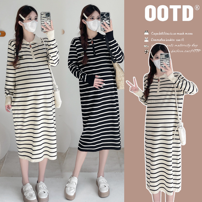 Pregnant Women dress Spring and Autumn Trendy Mom New POLO Collar apricot Stripe Loose High Sense Temperament Age-reducing Mid-length Pregnant Women dress Spring and Autumn Trendy Mom New POLO Collar apricot Stripe Loose High Sense Temperament Age-reducing Mid-length