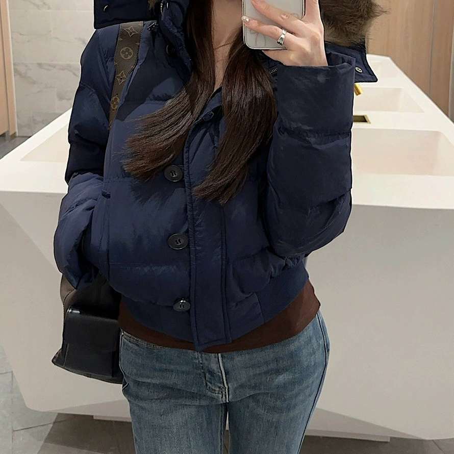 Американский темно-синий меховый воротник с капюшоном хлопковая куртка женский зимний новый короткий теплый топ