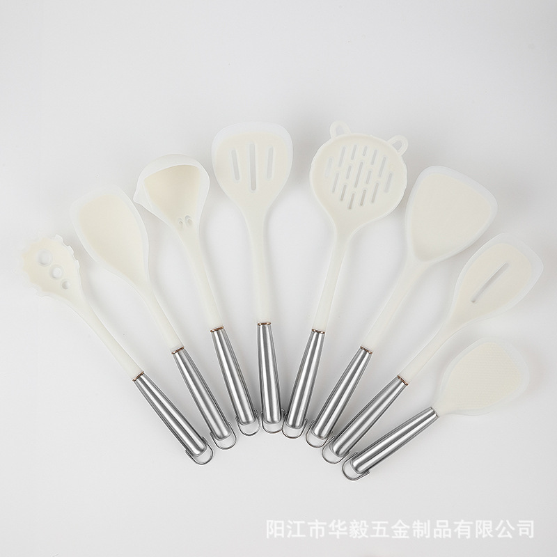 Creativo nuevo estilo, utensilios de cocina de silicona translúcida, juego de pala de sartén antiadherente, pala de silicona de grado alimenticio, mango de haya en stock