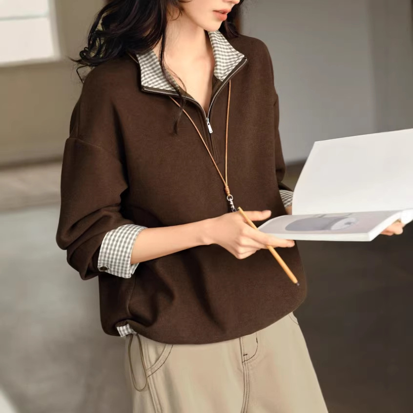 复古卫衣春翻领半拉链卫衣宽松假两件格子女式卫衣慵懒磨毛上衣秋