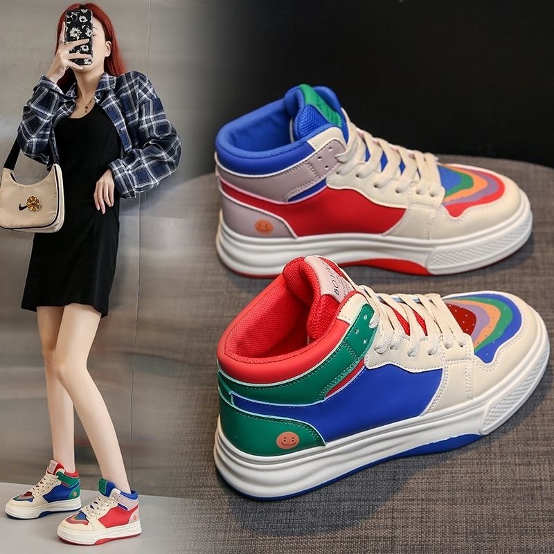 网红高帮鞋女成人2025秋季鸳鸯鞋女款拼色百搭学生运动休闲鞋