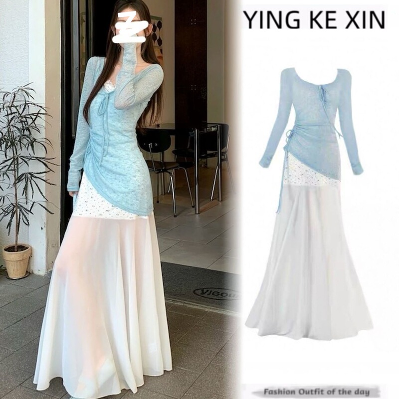 Plus Size Fat mm Korean Style Gentle Style Strappy Blouse Top Women's Summer New Lace Splicing Suspender Skirt Two-Piece Set