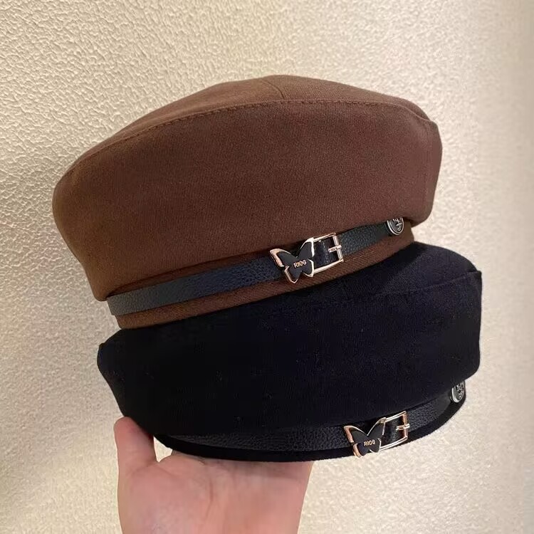 日本の秋冬栗団子〜甘くてクールでファッショナブルなメタルチェーンベレー帽フラットトップレトロ多用途黒八角形帽子|undefined