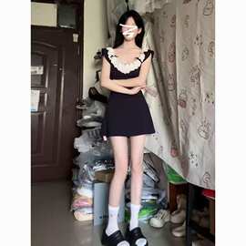小个子法式小飞袖连衣裙夏季新款辣妹纯欲风蕾丝收腰包臀A字短裙