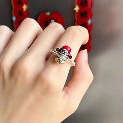 足銀999小財神指輪純銀光珠新年招財輸送カラー滴ゴム財神爺弾縄リング
