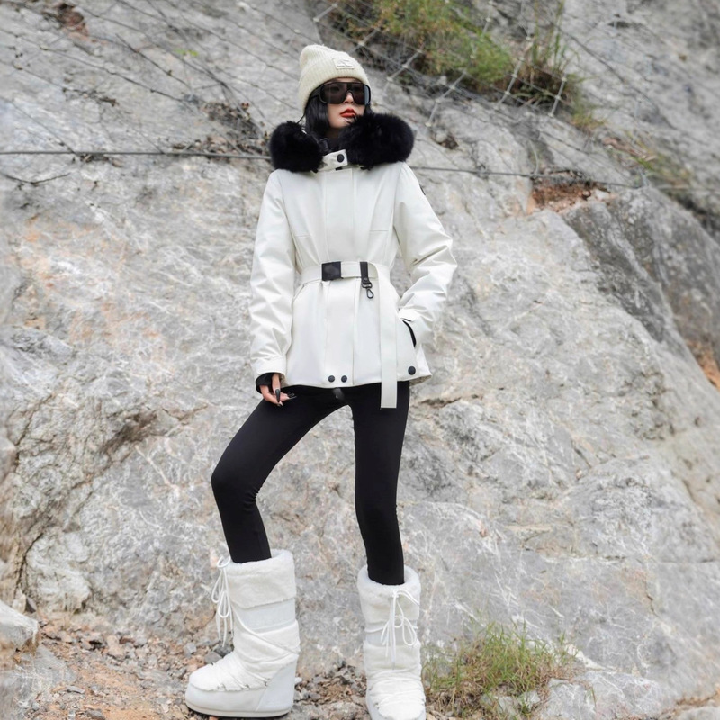 Haining Goose down Jacket Mid-Length Women's Winter Ski Jacket Slim Fit Warm Fox Fur Collar Fur Jacket