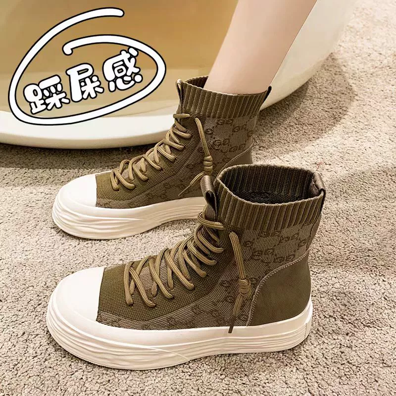 Высокие женские туфли 2024, новые зимние ботинки-носки, короткие ботинки Martin на мягкой подошве, универсальные повседневные парусиновые туфли на толстой подошве для женщин