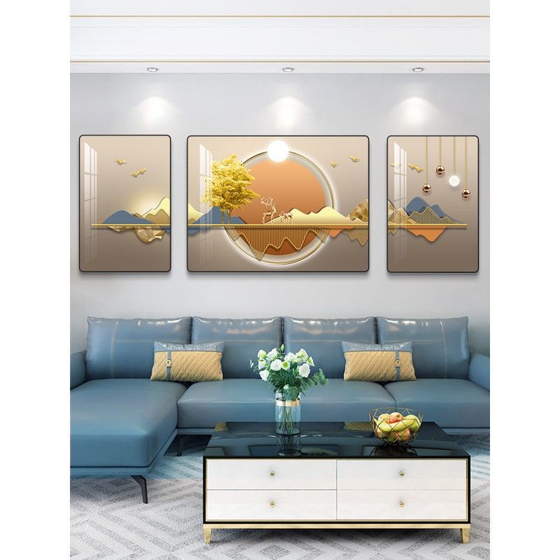 Modern Minimalist Living Room Decorative Painting, Accessible Luxury and Atmospheric Sofa Background Wall Hanging Painting, New Chinoiserie Triptych Mural Landscape Painting Modern Minimalist Living Room Decorative Painting, Accessible Luxury and Atmospheric Sofa Background Wall Hanging Painting, New Chinoiserie Triptych Mural Landscape Painting