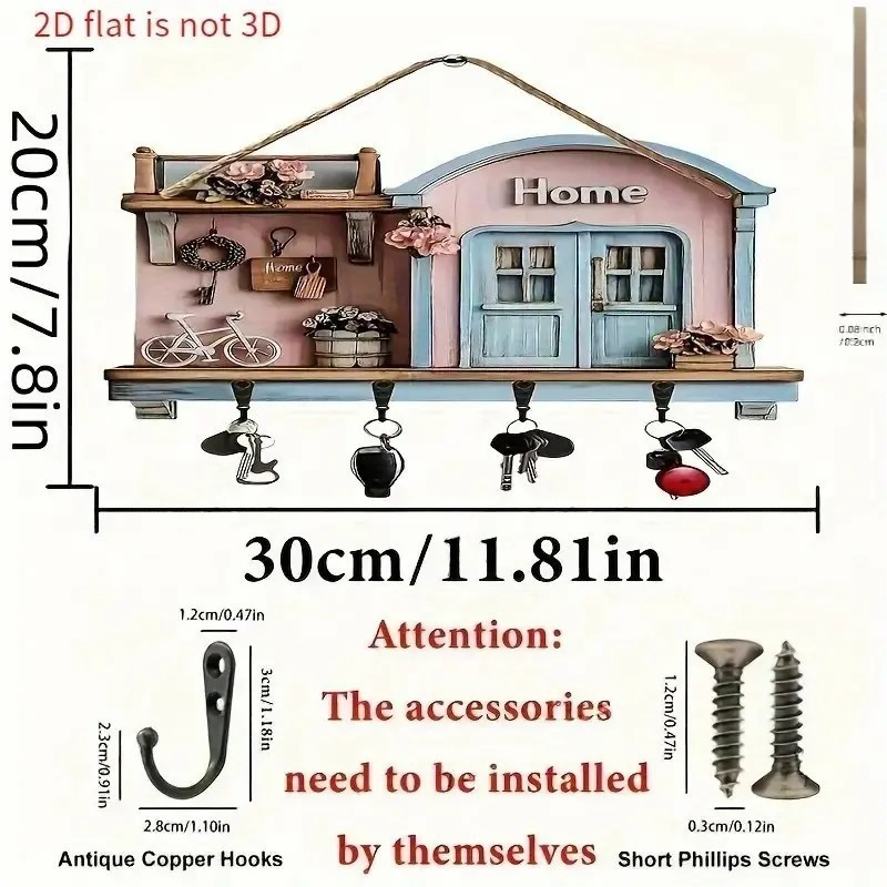 新着カラフルな木製キャビンキーハンガーフラットグラフィックデザインリビングルームの装飾木製置物キーハンガー|undefined
