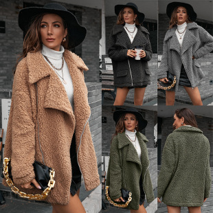 Foreign Trade wish European and American Casual Loose Thickened Bubble Velvet Zipper Fur Jacket Lapel Lamb Plush Windbreaker