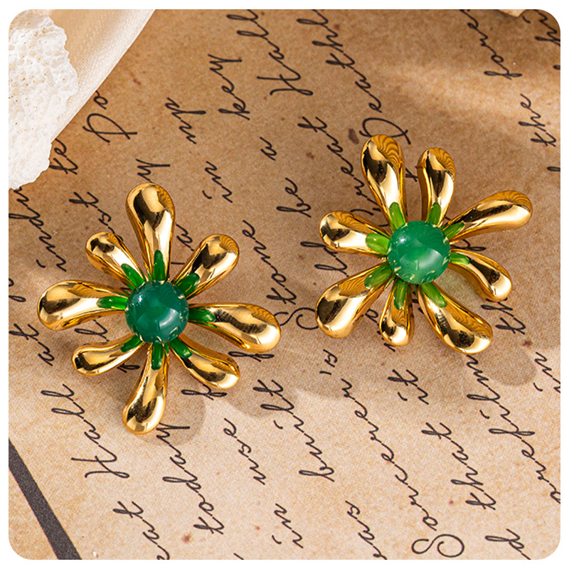 Tina transfronteriza inswind orejetas de acero inoxidable chapado 18K oro sol piedra natural delicada flores de orejetas versátiles
