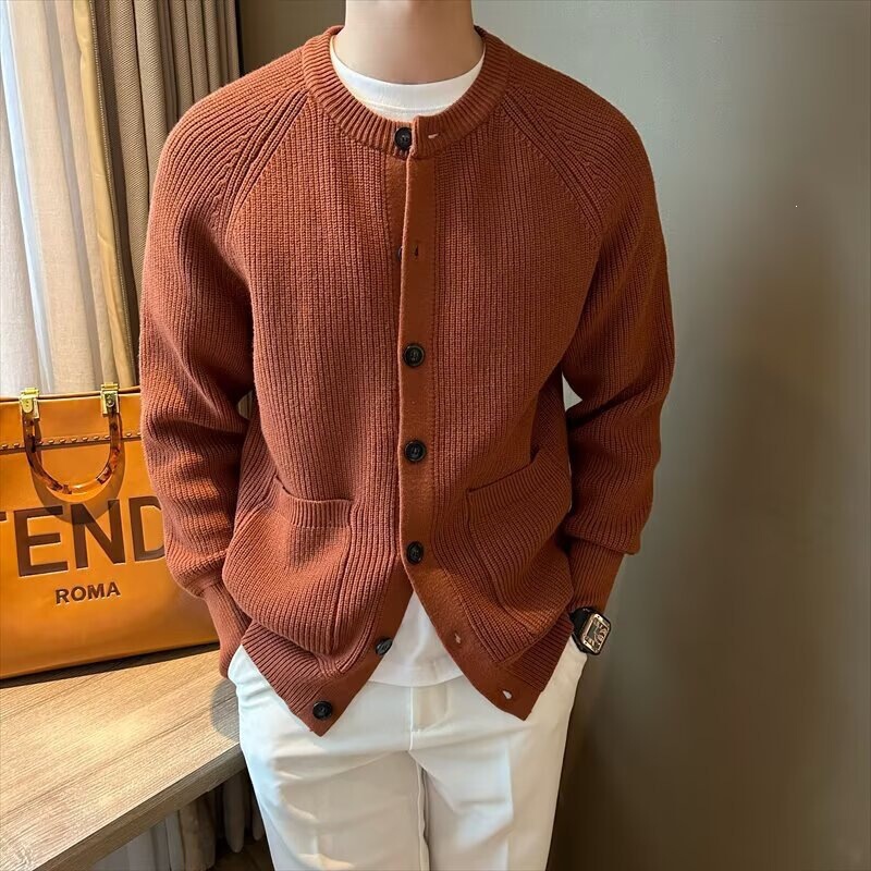 Men's New Casual Simple High-End Knitted Cardigan Jacket Autumn Winter Men's Vintage Fashion Warm Round Neck Sweater
