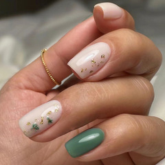 Mid-long length glittering floral nail art summer fresh retro green wear-on nails Insta-style false nails wholesale