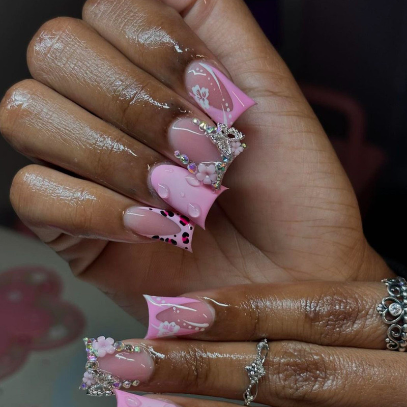 Cross-border Hot Sale of Duckbill Fake Nails Cute Pink Three-dimensional Water Drops Pure Desire Leopard Flower Flash Diamond Wear Nail Cross-border Hot Sale of Duckbill Fake Nails Cute Pink Three-dimensional Water Drops Pure Desire Leopard Flower Flash Diamond Wear Nail