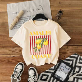 跨境180gCasual Plain Color Lemon Fruit Print Short Sleeve Re