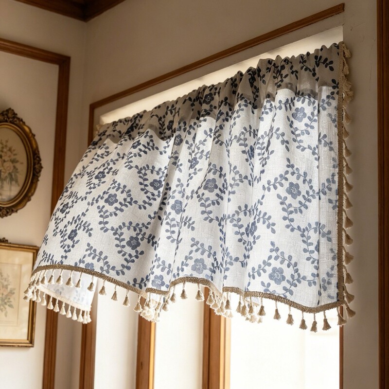 Rustic Vintage Floral Tassel Coffee Curtain Half Curtain for Small Windows, Kitchen Blindages, No-Drill Door Curtain, Cabinet Curtain Wholesale Rustic Vintage Floral Tassel Coffee Curtain Half Curtain for Small Windows, Kitchen Blindages, No-Drill Door Curtain, Cabinet Curtain Wholesale