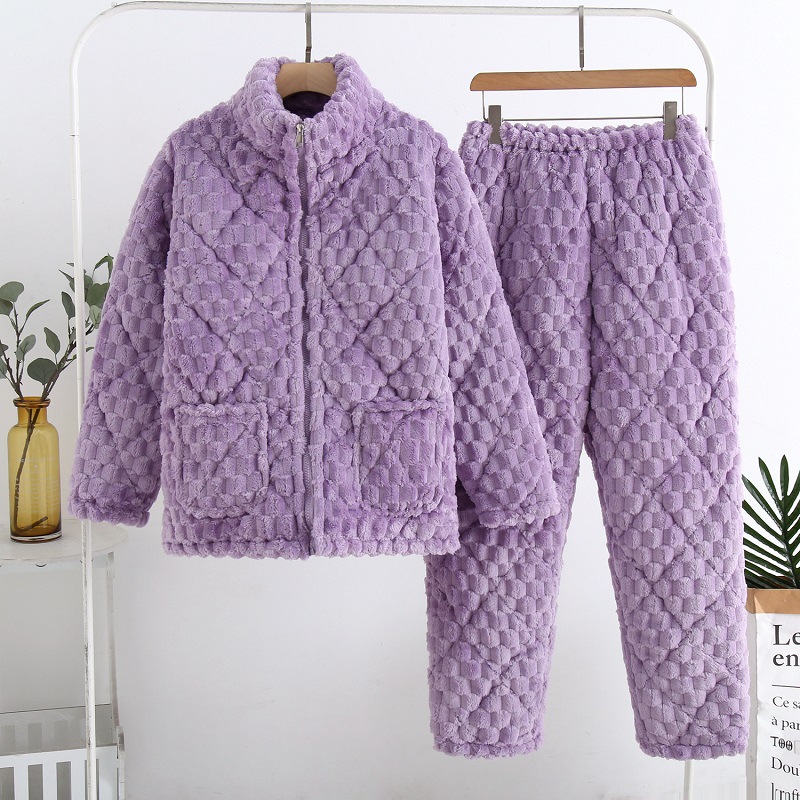 パジャマ女性冬のサンゴのベルベットの三層の厚いベルベット保温綿フランネル春秋冬の家庭服