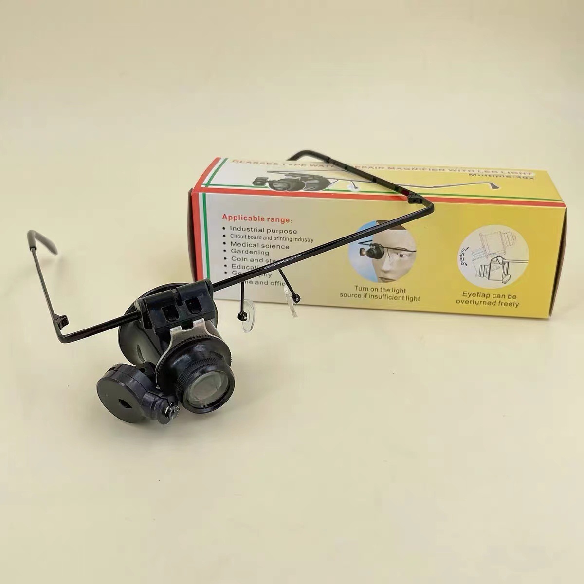 修表工具 头戴寸镜目镜眼罩眼镜式古董宝石鉴定20X倍LED灯放大镜