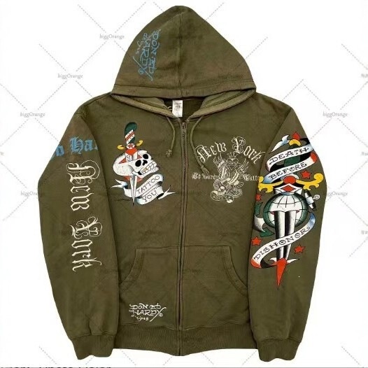 Independent Brand Ed Hardy Trendy European and American Street Style Flame Dragon Print Loose Zipper Hooded Sweatshirt Jacket Independent Brand Ed Hardy Trendy European and American Street Style Flame Dragon Print Loose Zipper Hooded Sweatshirt Jacket