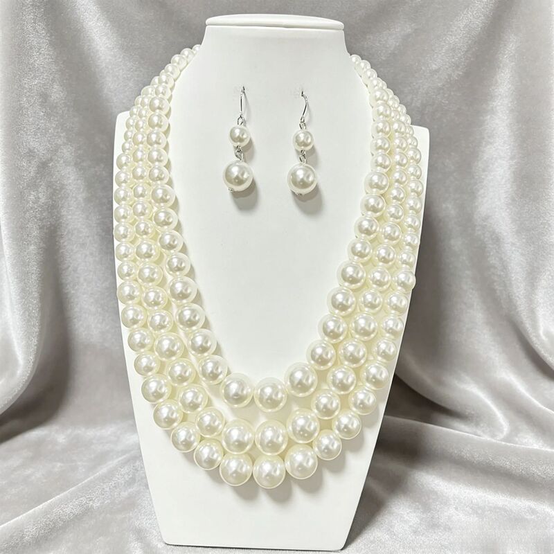 European and American Exaggerated Multi-Layered Pearl Necklace and Earring Set, Women's Vintage Gatsby-Style Jewelry, Wedding Dinner Party