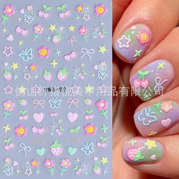 Cross-Border New Nail Art Stickers Ins Japanese Style Summer Small Fresh Little Bee Flowers Heart Stars Nail Decals