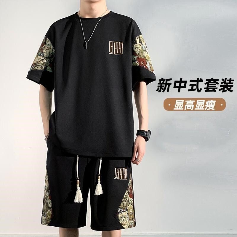 2025 Summer New Short-sleeved T-shirt Shorts suit Men's Embroidery Stitching Two-piece Set plus size Youth Popular suit