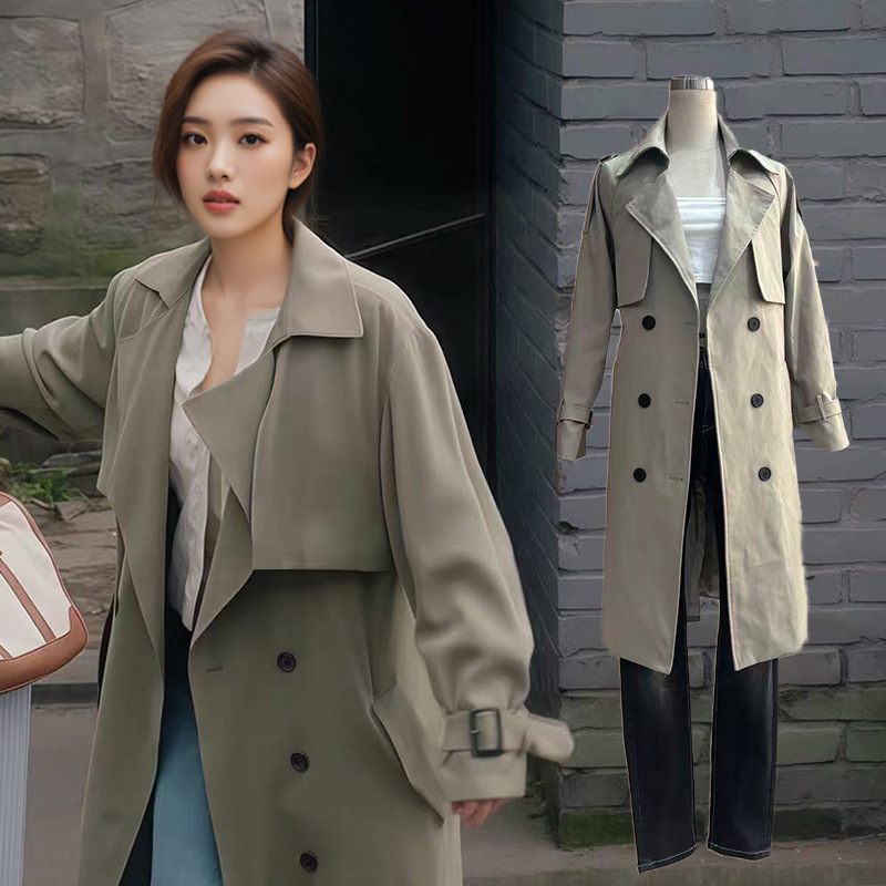In Stock Zhao Lusi and Xu Yan's Same Style Army Green Trench Coat 2025 Korean Version Loose Casual Versatile Mid-Length Coat