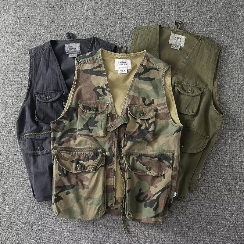 American Style Multi-Pocket Military Style Retro Tooling Vest Men's Camouflage Outdoor Canvas Tactical Vest Locomotive Jacket