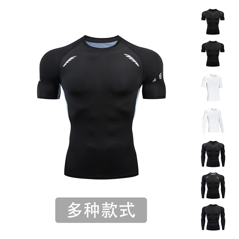2024PRO new men's sports tight body shaping muscle fitness compression running blue football training short sleeve T-shirt