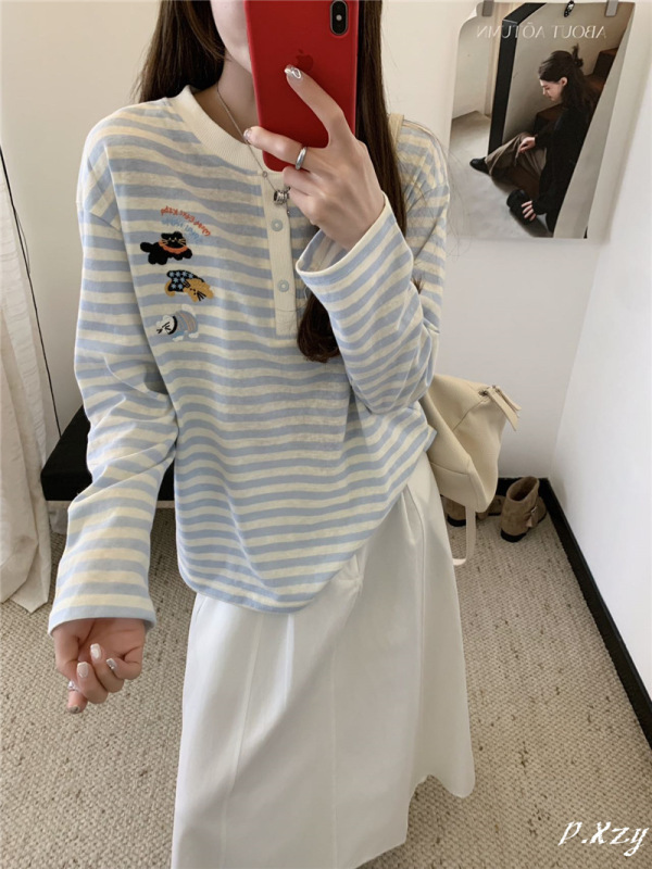 017秋季2025新款慵懒风松弛感宽松上衣长袖条纹卡通打底衫女士T恤|undefined