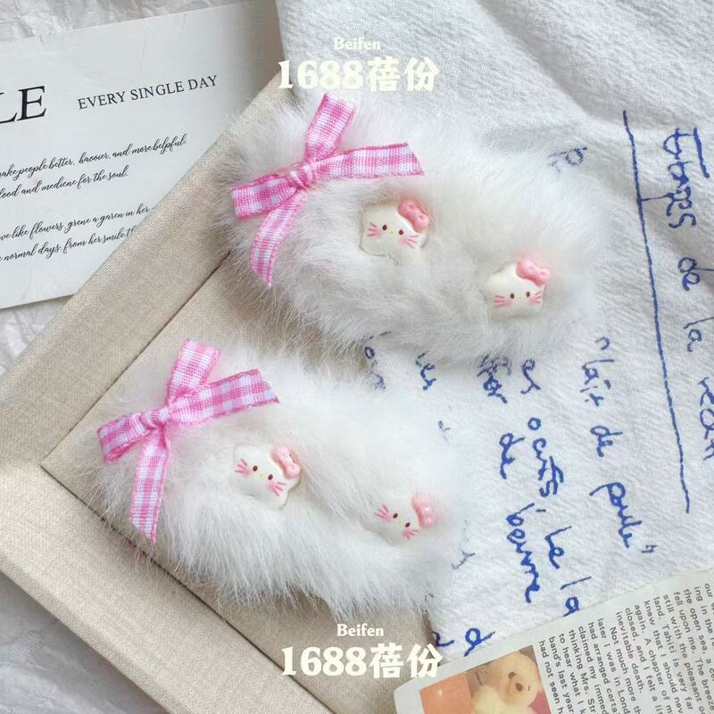 秋冬毛绒KT猫星星发夹毛茸茸卡通BB夹少女可爱侧边夹蝴蝶结刘海夹|undefined