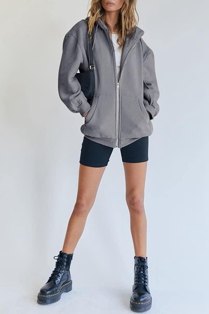 456g Weight Long Sleeve Sleeve Length Zipper Placket Type Regular Sleeve Sleeve Type Polyester Fabric Type Long Top Length Hoodie Tops Type Daily Occasion Hooded Neckline Regular Fit Fit Type Solid Color Pattern Spring, Autumn Season Women's Gender Pocket Design Streetwear Style Women's Streetwear Solid Color Pocket Zipper Hoodie 40