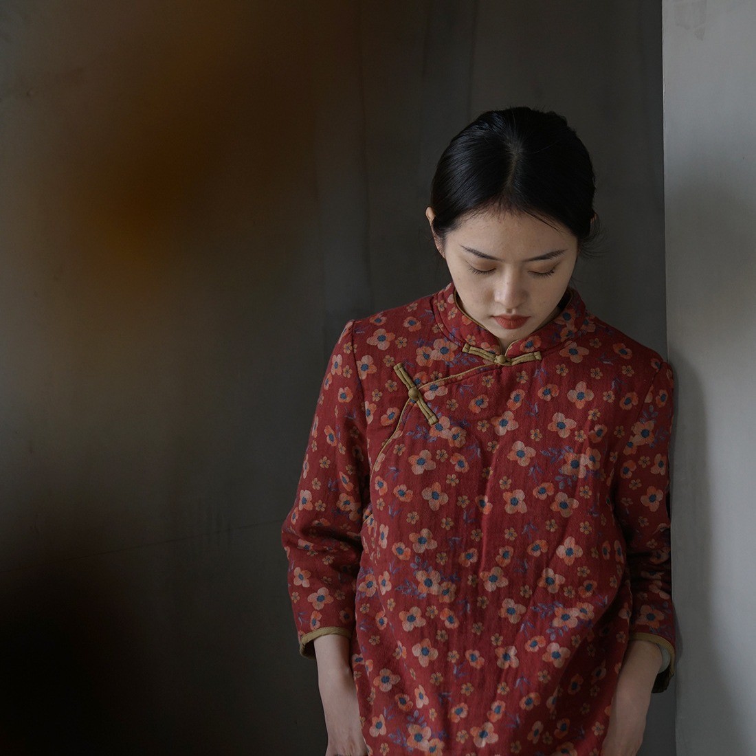 Original Light Chinese-Style Digital Print Diagonal-Collar Cotton Jacket, Retro Stand-Collar Thickened Tea-Style Cotton Coat M23283-1