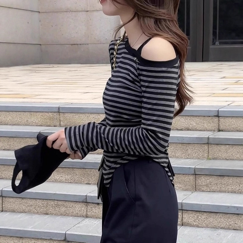 大码条纹斜领露肩长袖T恤女2025秋季新款胖mm修身显瘦不规则上衣|undefined