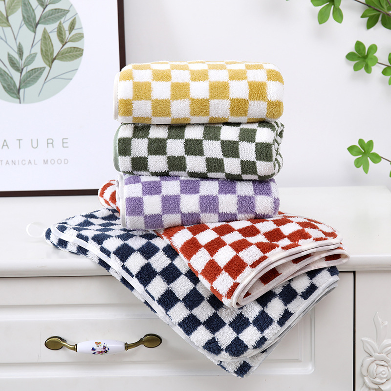 Ins Internet Celebrity Simple Checkerboard Towel Bath Towel Two-Piece Wash Face Towel Absorbent Coral Fleece Set Towel