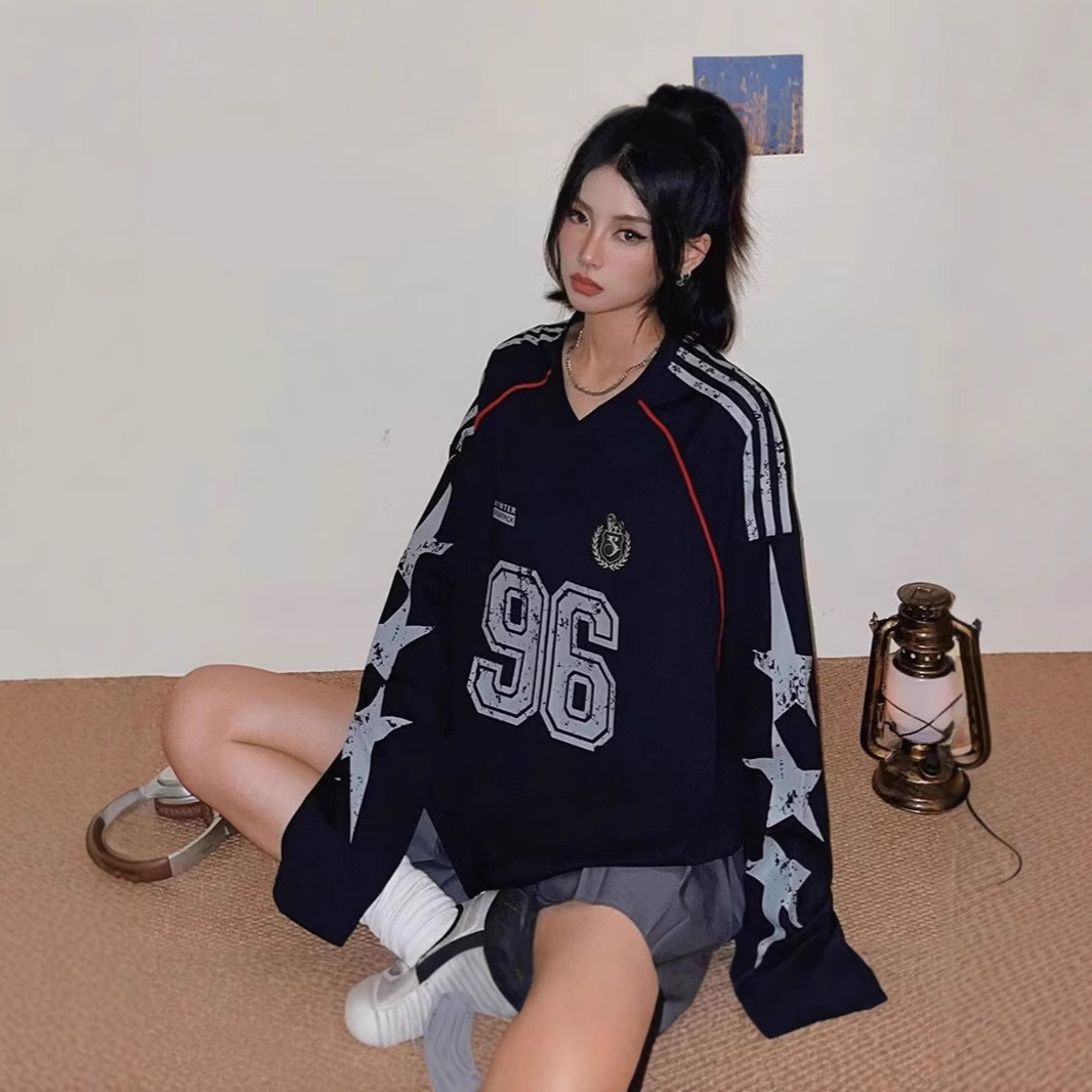 星星印花美式复古拼接长袖V领卫衣女宽松春秋情侣球衣外套潮