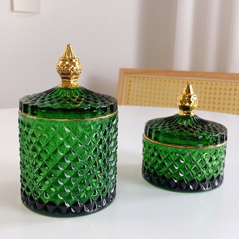 Retro Vintage Dark Green Jewelry Jar Glass Gold Storage Box Glass Jar Cotton Swab Jar Gold Storage Jar