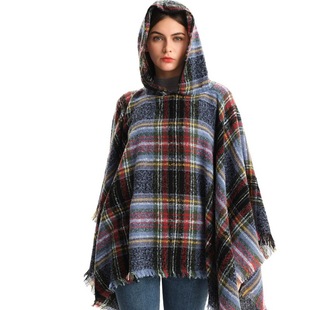 Cross-border New Foreign Trade Shawl European and American Spring and Autumn and Winter Loop Yarn Double-sided Plaid Hooded Cloak Pullover Shawl