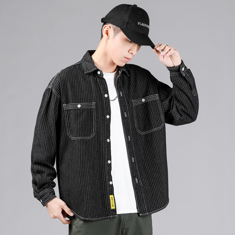 2023 Lente Nieuwe Casual Polokraag Denim Shirt Zwarte Verticale Streep Losse Denim Shirtjas voor Heren en Jeugd_voghion.com