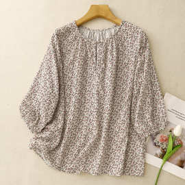 样样韩国正品东大门代购 慵懒风花色宽松圆领舒适七分袖衬衫