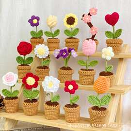 成品小盆栽钩织仿真花花朵装饰创意礼物摆件可爱小摆件