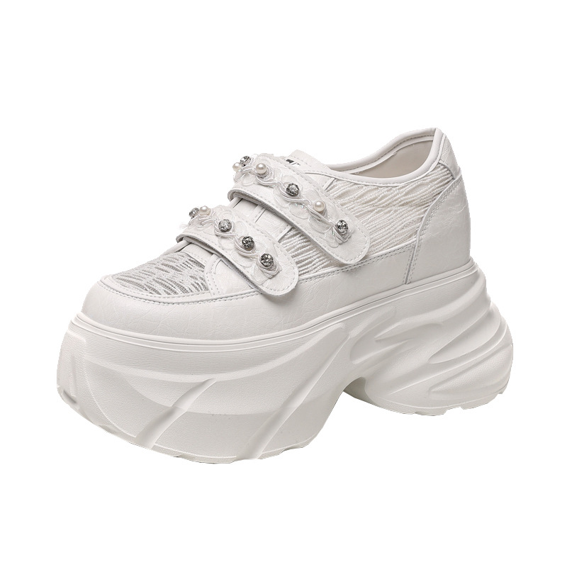 Giày sneaker nữ đế dày chunky, mặt lưới thoáng khí, gắn đá, dán Velcro — Màu trắng