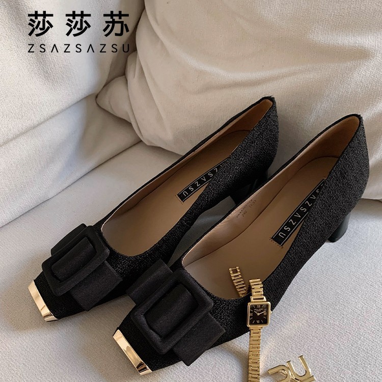 [朱珠同款]苏莎莎春夏季职场芭蕾方头粗跟高跟鞋女小香风法式单鞋